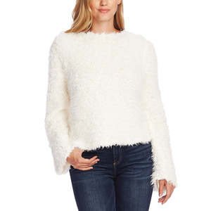 Top da Donna Vince Camuto Taglia X-Large in Finta Pelliccia Bianca Testurizzata con Maniche a Campana, Decorazione Vintage in Lana Tinta e Tessuta, Bottoni Intrecciati, Vestibilità Slim - Product Image 1