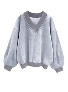 Confortable col en V surdimensionné sweat femmes décontracté à manches longues doux coton pull coupe ample tenue quotidienne - Product Image 6