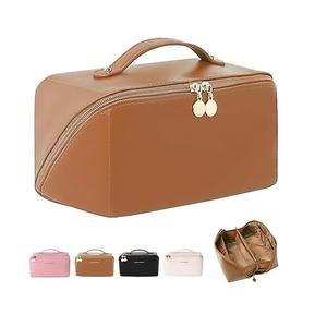 Women's <b>Large</b> <b>Capacity</b> Leather <b>Cosmetic</b> <b>Travel</b> <b>Bag</b> Fashion Style Brown Double-Zipper Wide Opening Makeup Pouch - Product Image 2