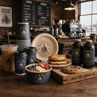 Gobelets en plastique personnalisés AT PACK, gobelets en papier, bouteilles en verre rondes et plateaux de service pour les solutions d'emballage des cafés