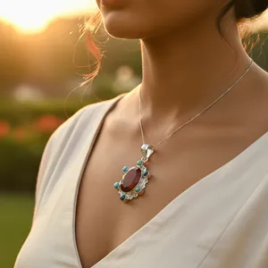 Pendentif solitaire en argent 925 avec agate et serti en turquoise, style bohème luxueux, bijoux unisexes pour tous les jours - Product Image 2