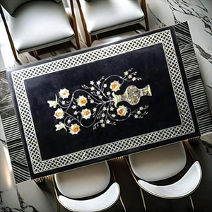 Plateau de table à manger rectangulaire en marbre noir incrusté, meubles en pierre faits à la main, décoration de luxe pour la maison - Product Image 1