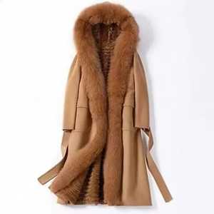 Khaki Color Winter Trench Coat for Women Long Over <b>Knee</b> Lace-up Wool & Blends with Patchwork Leather New Style - Product Image 6