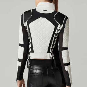 Chaqueta de cuero de piel de cordero auténtica blanca y negra para mujer más vendida chaqueta de cuero de motorista ajustada para mujer - Product Image 2