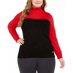 Maglione a Collo Alto da Donna Calvin Klein Rosso con Blocchi di Colore, Alta Qualità, Stile Coreano, Stampa Frontale Parziale, Taglia 1X per Autunno/Inverno - Product Image 1