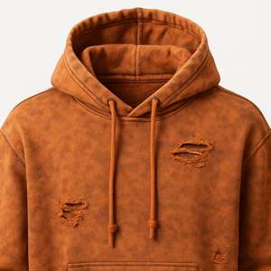 Sweat à capuche zippé en molleton de coton vintage surdimensionné vierge avec broderie bouffante personnalisée sans cordon de serrage Sweat à capuche zippé à double fermeture éclair délavé à l'acide - Product Image 3