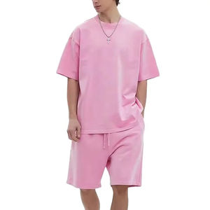 Conjunto de Camiseta de Hombros Caídos y Pantalones Cortos Gruesos de 280 g/m², Estampado Personalizado, 100% Algodón Jersey, Estilo Casual, Dos Piezas - Product Image 1