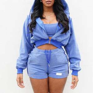 Top corto personalizado de color azul para mujer, chaleco con capucha y cremallera, corto conjunto, ropa deportiva larga de algodón para tallas grandes, conjunto de 2 piezas de invierno - Product Image 5