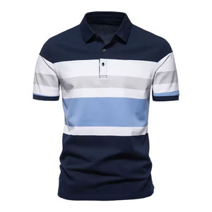 Polo pour homme à rayures et blocs de couleur, manches courtes, tricoté, design décontracté, coupe classique, bleu, blanc, marine - Product Image 1