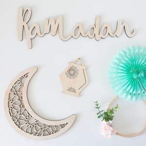 Modern Tabletop of Ramadan Mubarak with <b>Wooden</b> Crescent <b>Table</b> Sign For Warm And Festive Home Decor - Product Image 6