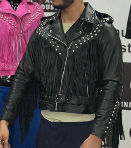 แจ็คเก็ตหนังแฟชั่นสไตล์ประดับหมุดและพู่ ทำจากหนังแกะแท้ ทรงเข้ารูป สไตล์ลำลอง ซิปหนัง - Product Image 1