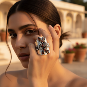 Bague statement en argent 925 avec pierre précieuse grenat, taille ajustable, classique, plaquée or 18 carats, incrustation en titane et cuivre, bijoux - Product Image 3