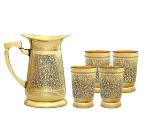 Top Selling Brass <b>Water</b> Storage <b>Jug</b> with 4 <b>Glass</b> Tumbler Kitchen Accessories Table Top <b>Water</b> Serving <b>Jug</b> - Product Image 1
