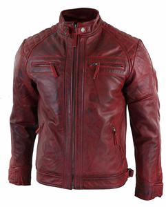 Chaqueta de Cuero Roja Desgastada para Hombre, Chaqueta de Motociclista de Alta Calidad 100% Piel de Vaca con Cuello Alto y Capucha, Estilo Vintage Otoñal - Product Image 4