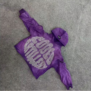 Sweat à capuche en coton mélangé avec strass délavé à l'acide à prix d'usine pull à capuche décontracté à ourlet brut - Product Image 5