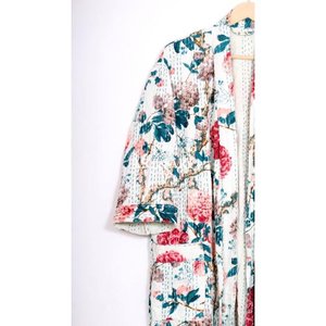 Women's Kantha Floral Eco-Friendly Cotton <b>Kimono</b> <b>Robe</b>-Ethnic Vintage Indian Handmade Summer Spring Winter Short - Product Image 3