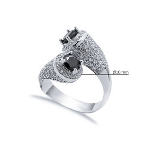 หิน CZ สีดําสองด้านกลมหินคลัสเตอร์แหวนเงินปรับได้ขายส่งแฮนด์เมดเงินแท้ 925 - Product Image 2