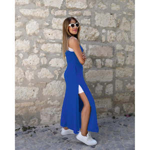 Ensemble robe et débardeur en viscose à bretelles et col rond pour femme, avec poches et fente décorative, 36849 - Bleu Saks - Product Image 3