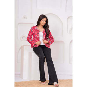 Handmade Red Cotton Quilted Floral <b>Jacket</b> Reversible Design Animal Solid Customizable Hooded Patchwork <b>Short</b> Bomber for Autumn - Product Image 4