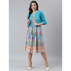 Turquoise Blue Tropical Printed Smocked Fit Flare <b>Dress</b> With Shrug - Product Image 6