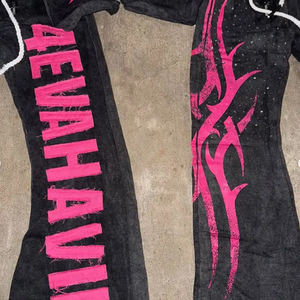 Vintage imprimé hiver poids lourd évasé surdimensionné noir acide lavé pleine longueur strass goujon 3D broderie Applique - Product Image 5