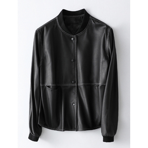 2025, chaquetas de cuero con botones delanteros para mujer, chaqueta de cuero genuino para mujer, chaqueta Bomber de cuero - Product Image 1