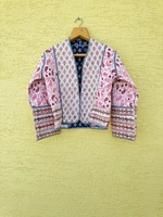 Veste matelassée en coton faite à la main pour femmes et filles, imprimé paisley rose/bleu, veste courte réversible, passepoil rayé, veste matelassée