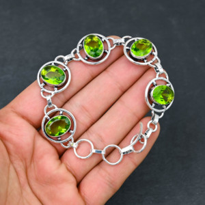 Handmade Lab Created Green <b>Peridot</b> Gemstone <b>Bracelet</b> Sterling Silver Plated Luxury Designer Jewelry 7-8 Wedding Engagement - Product Image 1
