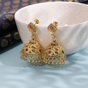 Juego de pendientes Jhumka, Jhumka chapado en oro de latón, pendientes Jhumka de moda, pendientes de lujo, joyería llena de oro Oro Joyeria - Product Image 2