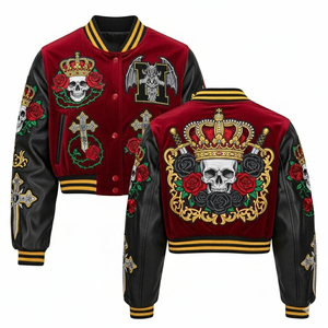 Chaquetas para Hombre, Chaqueta Bomber Varsity Premium con Diseño de Calavera y Corona Bordada, Manga de Cuero, Moda Urbana - Product Image 1