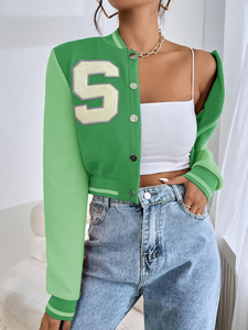 Manteau de couleur contrastée laine pour femme bouton complet varsity unisexe recadrée polaire Letterman Bomber Baseball Varsity Jacket - Product Image 3