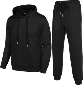 Ensemble de survêtement décontracté pour homme, noir, à capuche, design 2-en-1, écologique, respirant, manches longues, couleur unie, avec pantalon à cordon de serrage et sweat-shirt - Product Image 3