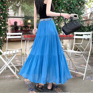 Jupe longue plissée évasée style bohème pour femme, taille élastique, couleur unie, en lin, coton et mousseline, longueur ras du sol, style doux - Product Image 5