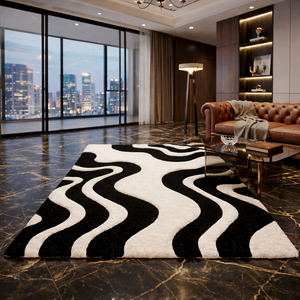 Alfombra Moderna de Lana con Diseño Abstracto de Olas, Tejida a Mano en Negro y Marfil, para Salas de Estar y Hoteles - Product Image 2