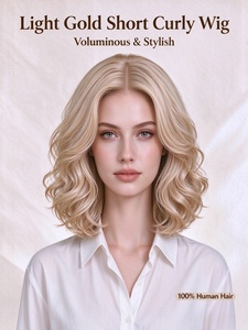 Light Gold <b>Short</b> Curly <b>Human</b> <b>Hair</b> <b>Wig</b> Soft Volume Wave Bob <b>Wig</b> for Daily Wear - Product Image 1