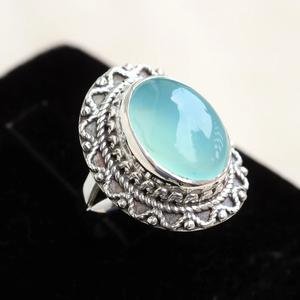 Aqua Chalcedony Gemstone <b>Statement</b> <b>Ring</b> Stylish Boho Jewelry for Women Handmade Sterling Silver Wedding Gift Oval Cut Diamond - Product Image 5