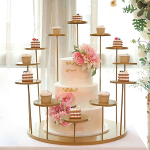 Présentoir à dessert en or à plusieurs niveaux, présentoir à gâteaux de mariage, design moderne, gradins flottants, arrangement personnalisable, vente en gros. - Product Image 1