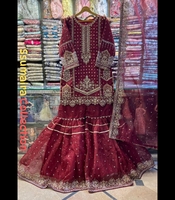 2025 Sharata 3 pièces en Organza Rouge à Motif Cristal Grainé et Chiffon avec Broderie Perles et Cristaux, pour Mariage, Cérémonie de Remise des Diplômes et Fêtes Formelles