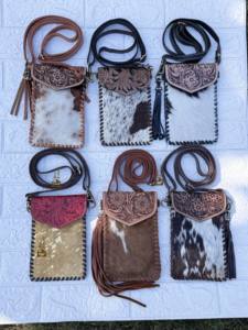 Unique Designer Phone <b>Purse</b> Handbag Real Cowhide Fur Hand Tooled Carving Leather Bag <b>Small</b> Size Bags Pouch Designer Bag - Product Image 5