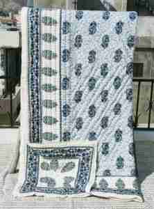 Double Sided Organic Hand <b>Block</b> Printed Cotton Quilts Aqua Colour <b>Print</b> Home Decor Stores Resale - Product Image 3