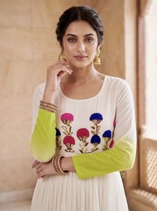 Vestido Anarkali Ombre Blanco y Verde Lima de Moda 2026 con Bordado Floral, Ropa Étnica India de Lujo, Georgette Largo Maxi - Product Image 2