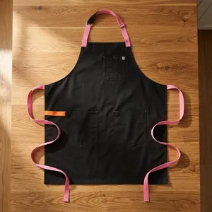 <b>Black</b> Canvas Bib <b>Apron</b> with Pink Straps and Orange Trim Reusable Multiple Pockets Simple Workwear - Product Image 1