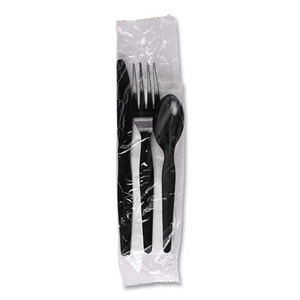 Kit de couverts en plastique jetables 4 pièces Boardwalk, poids moyen, fourchette/couteau/serviette/cuillère, noir, pour fêtes et pique-niques (250/carton) - Product Image 3