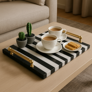 Commande en gros Plateau en marbre noir et blanc de qualité supérieure Prix du fabricant Poignées en laiton de luxe Plateaux haut de gamme pour hôtels et événements - Product Image 2