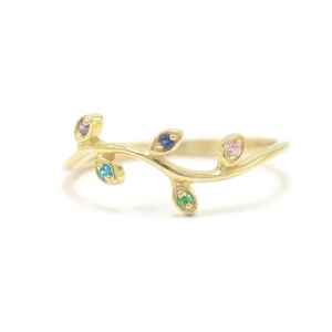 Bague en forme de feuille en or jaune massif 14K véritable bague en pierres précieuses multi-saphir bijoux faits à la main productible en 10K/18K - Product Image 2