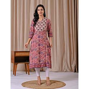 Kurti Recto con Estampado Floral Rosa, Vestido de Algodón Moderno con Estampado Floral - Product Image 3