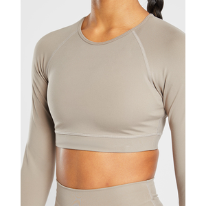 Meilleure vente en sourdine Taupe femmes agrafe manches longues haut court 4 voies Stretch Super doux léger entraînement haut court t-shirts pour les femmes - Product Image 2