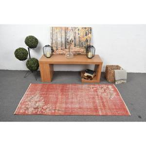 Alfombra de lana de retazos vintage de 2,8x5,9 pies, alfombra de tejido plano turco para sala de estar, roja y beige con respaldo de látex - Product Image 3