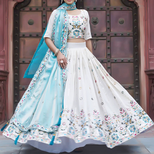 Unity Luxury Women's Wedding off <b>White</b> Silk Blend Lehenga Choli with Pastel Pink <b>Chiffon</b> Dupatta - Product Image 1