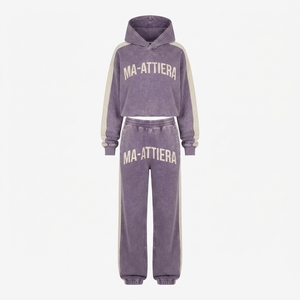 Conjunto de Sudadera con Capucha y Pantalones Deportivos para Mujer, Personalizado, Color Morado con Paneles en Contraste, Felpa de Algodón, Lavado Ácido, Ropa Deportiva Urbana, Venta al Por Mayor OEM - Product Image 3